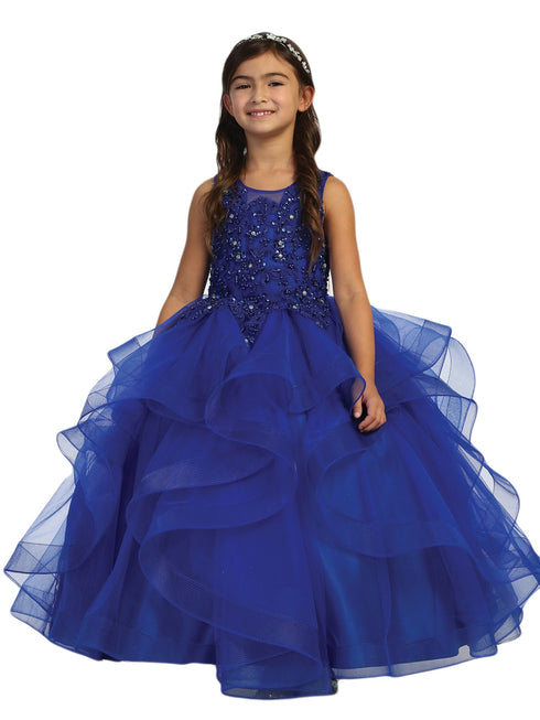 Girls Multi Color Illusion Neckline Lace Applique Trim Pageant Dress 2-12 - SophiasStyle.com